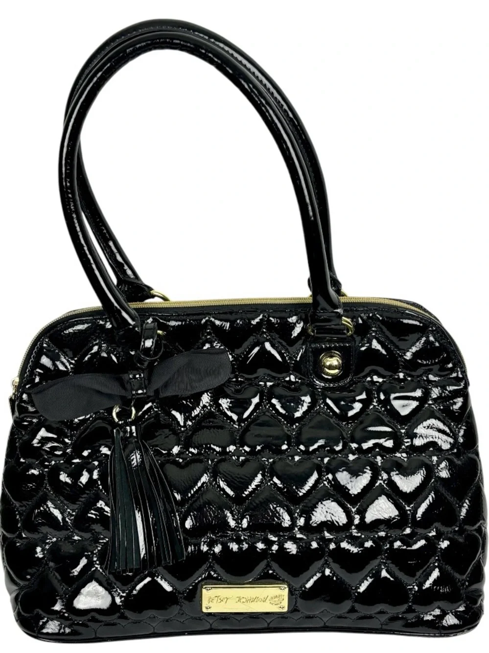 Betsey Johnson Black Quilted Heart Satchel Purse Bow Tassel Charm Glossy Patent